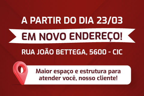 Banner informando novo endereço da Metalco na Rua João Bettega, 5600, CIC Curitiba, com destaque para data de mudança e ampliação da estrutura