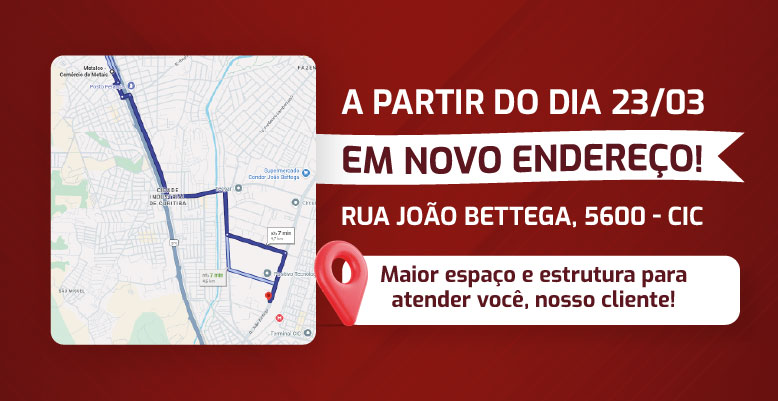 Banner com mapa e destaque para novo endereço da Metalco na Rua João Bettega, 5600, CIC Curitiba, com ícone de localização e mensagem de expansão